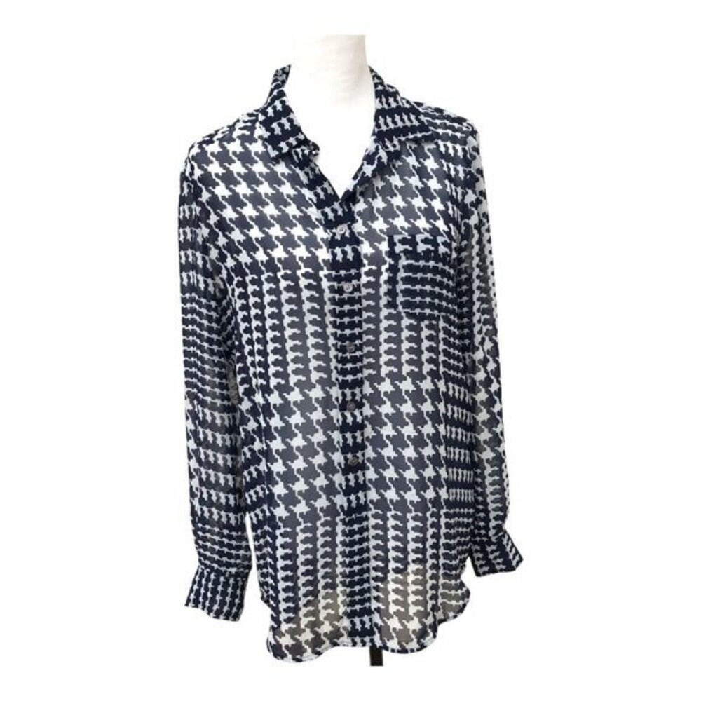 Two By Vince Camuto Black and White Sheer Long Sleeve Houndstooth‎ Blouse  S